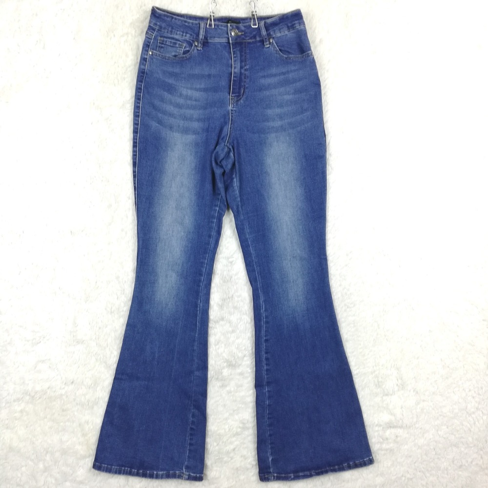 Flying Banana Womens Jeans Bell Bottom‎ Flare Blue Denim Medium Wash Long 10L